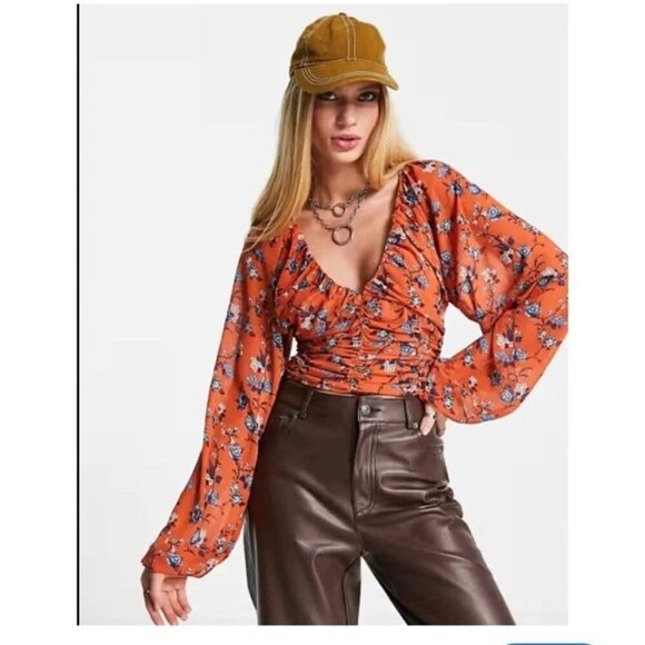 Free People Final Rose Chiffon Long Sleeve Blouse Crop Rust Size M - Picture 2 of 13